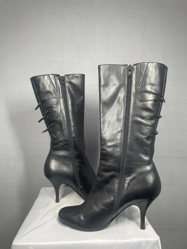 Antonio Melani Mujer Y2K Coquette Cuero Negro Tacón Medio Pantorrilla Botas Arcos Talla 8 Foto 3 de 4