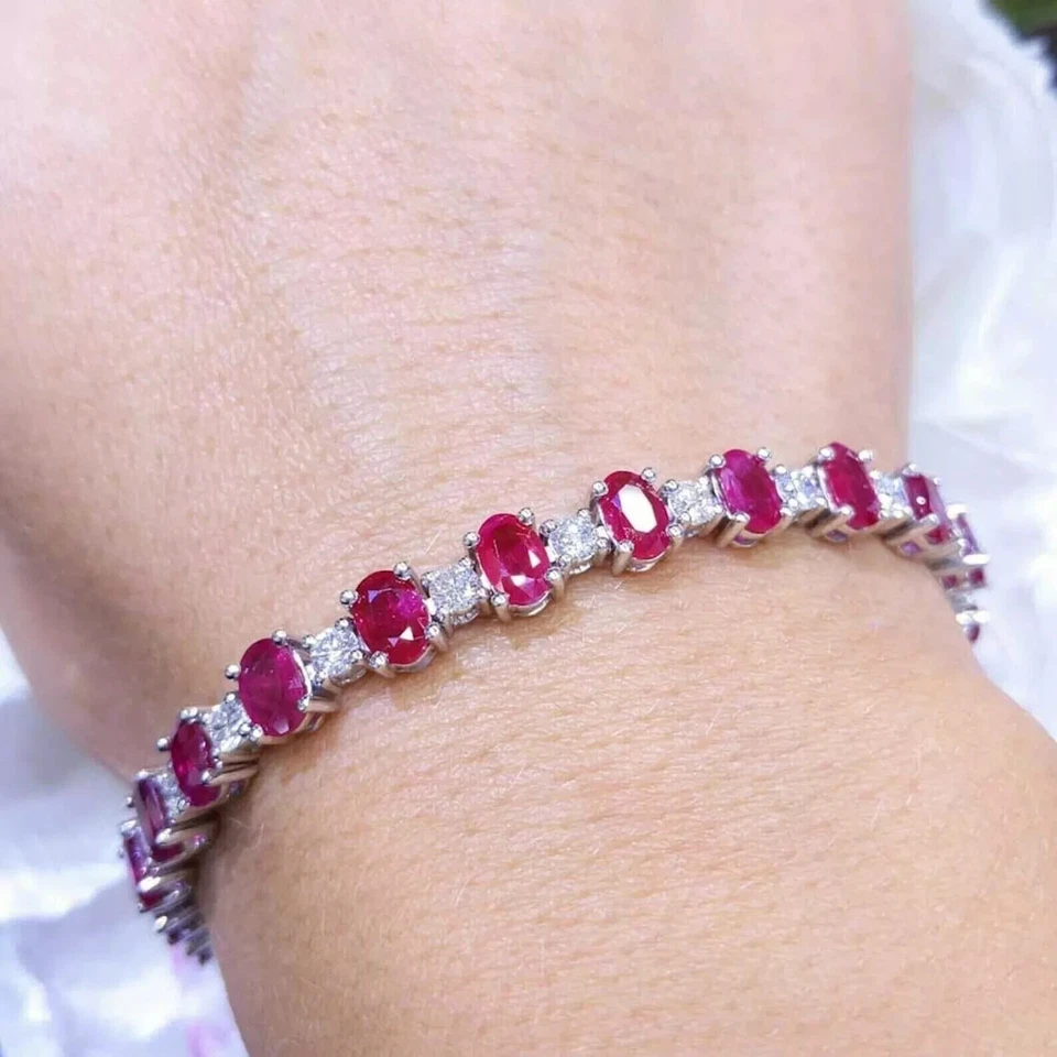 4.Ct Oval Cut Lab Created Red Ruby Women's Tennis Bracelet 14K White Gold Finish - Image 2 of 4