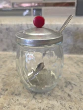 Vintage MEDCO N.Y.C. 3.75" Clear Glass Jar Bakelite Handle Aluminum Lid Spoon