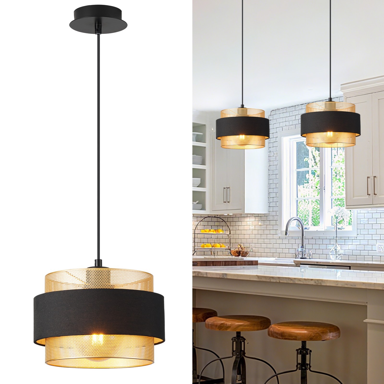 Harper Living Unisex Black Modern Pendant, Fabric & Gold Mesh Metal Shade, 122Cm Height - Image 2