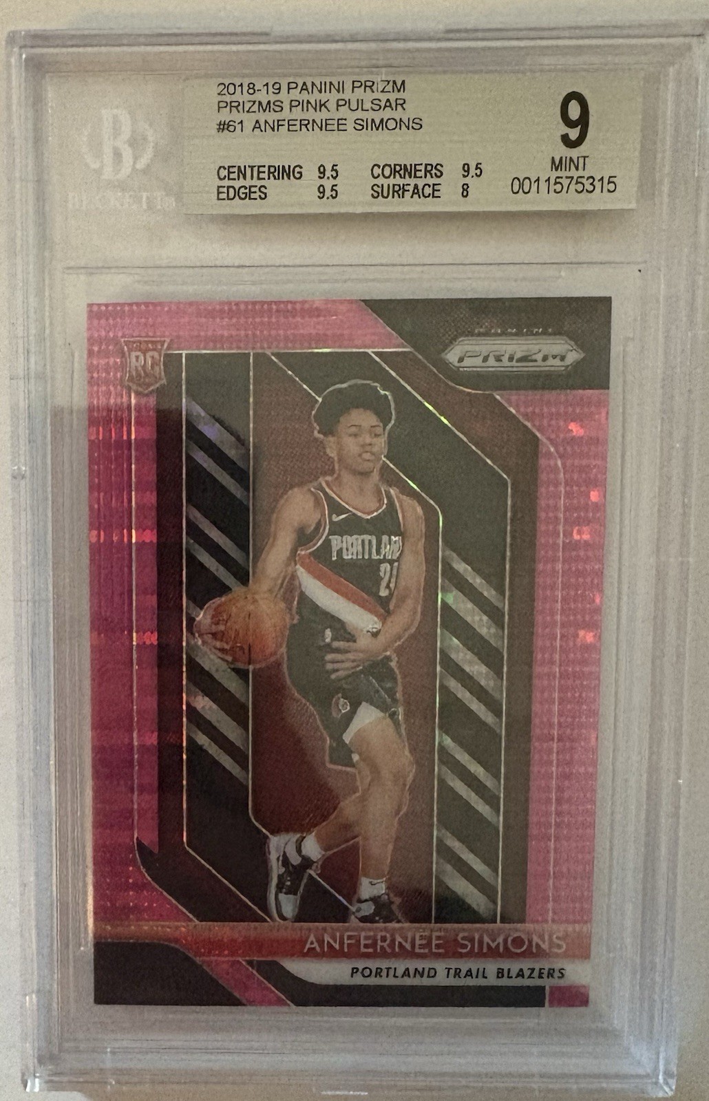 2018-19 Panini Prizm Anfernee Simons #61 Pink Pulsar /42 BGS 9 RC