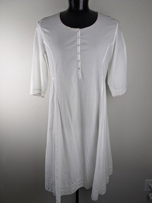 Anokhi size XL white organic cotton kaftan dress pink stitching detail
