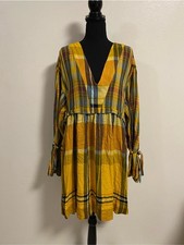 Free People Tunic Dress Size Medium Yellow Plaid Falling Stars V Neck Dress