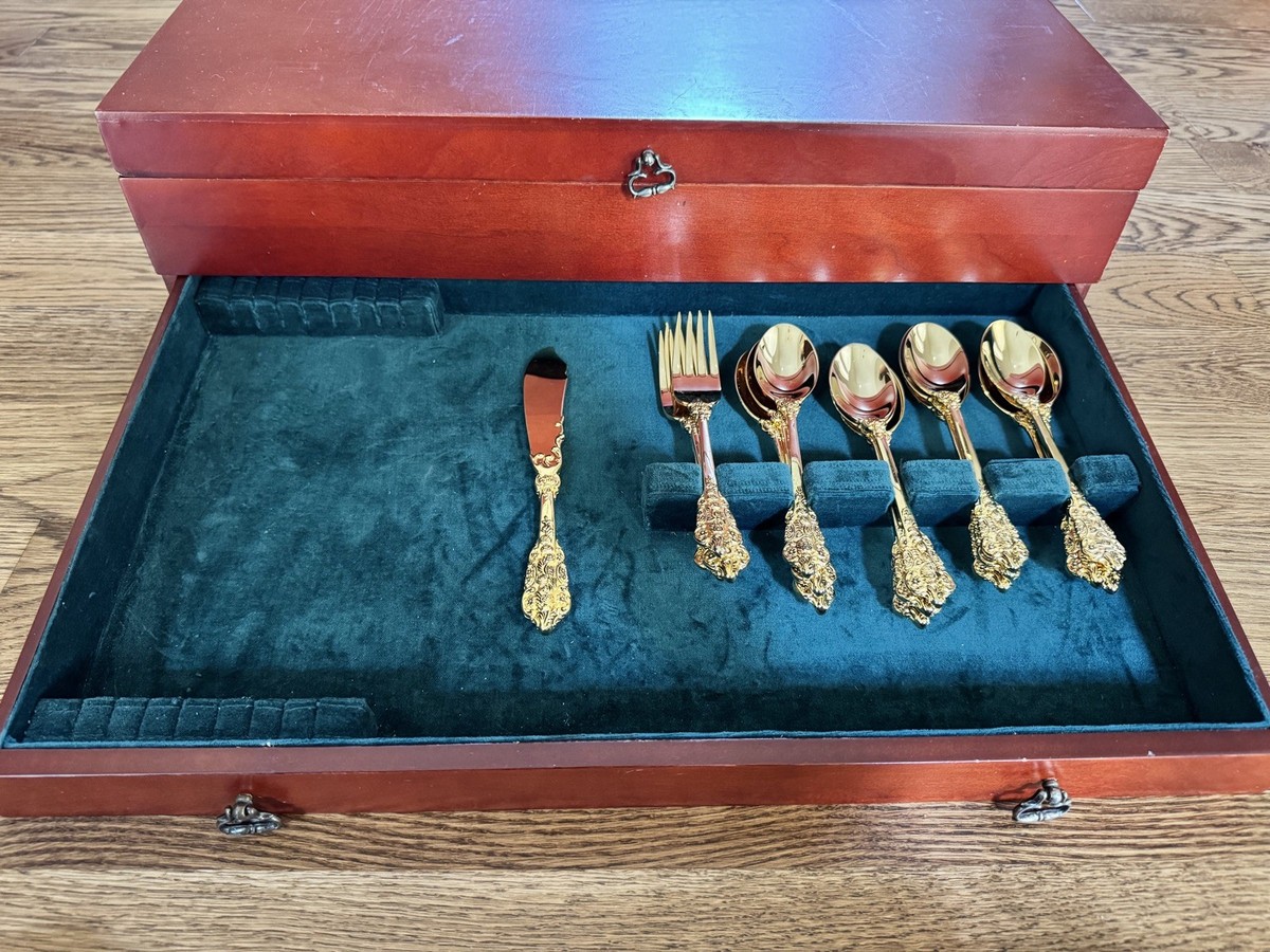 F.B Rogers 90 Pc Gold Plated Flatware Set in Wallace Wood Cherry