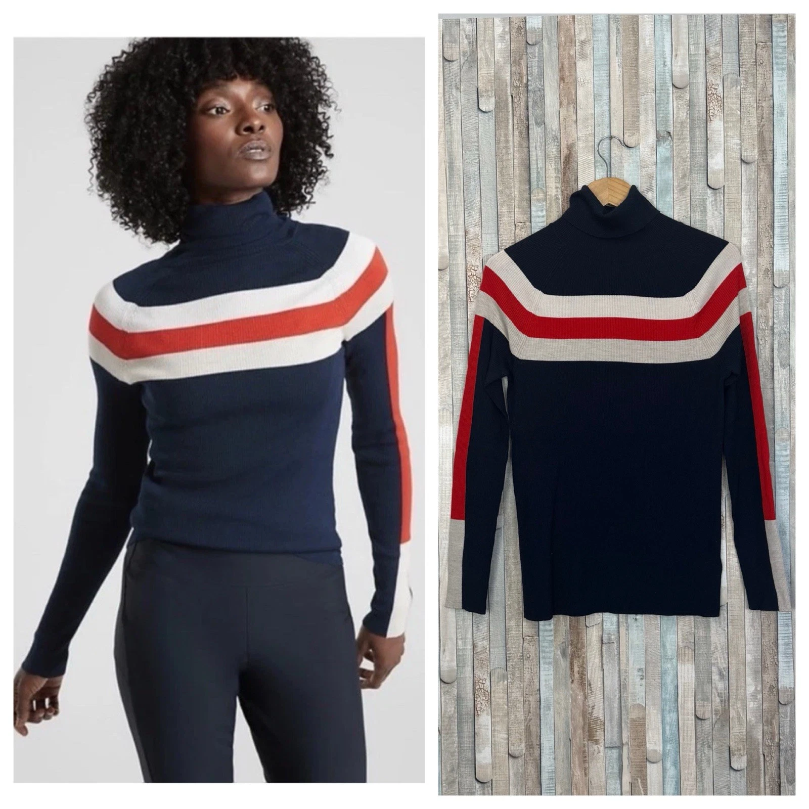 Athleta XL Ribbed Merino Wool Brookshire Colorblock Sweater Turtleneck Top Base