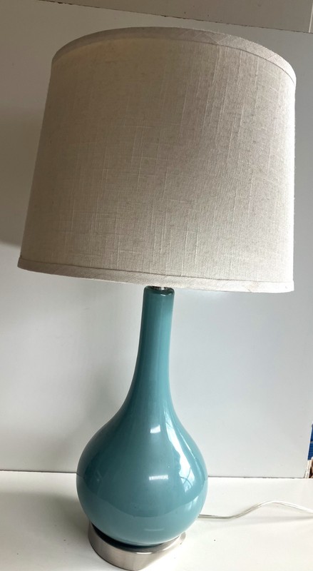 26" Tall Turquoise Celadon Metal Lamp W/White Shade
