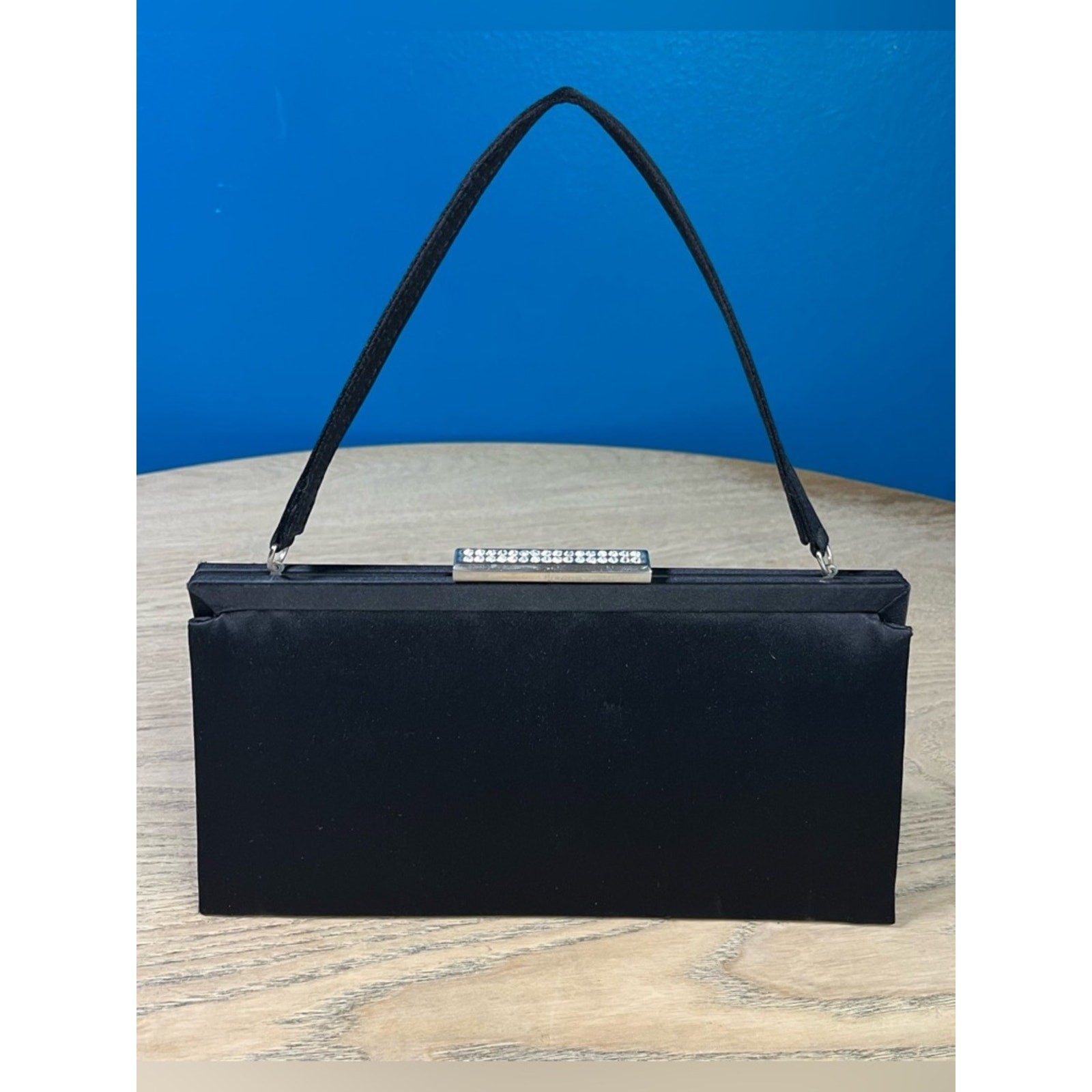 Vintage Y2K Preston and York Black Satin Baguette Rhinestone Clutch Mini Bag