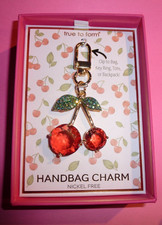 Handbag Charm Keyring Gold tone metal Red crystals AB crystals CHERRY shaped NIB