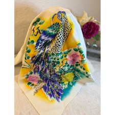 Vintage Hand Painted Silk Scarf Peacock Peony Asian Chinoiserie 26x28 Cream