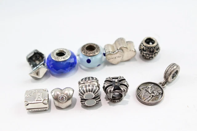 18 Pandora Sterling Silver Charms Glass Crown Suitcase x 10 (28g)