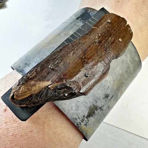 Bracelet Cuff Wide Wood Metal Arts Chunky Statement Mixed Media Distressed