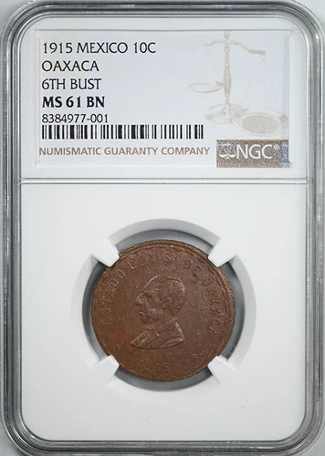 1915 Mexico 10C Centavos Oaxaca 6th Bust NGC MS61BN