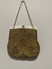 VTG La Regale Gold Beaded Clutch Evening Purse Kiss Clasp Hand Made in Hong Kong