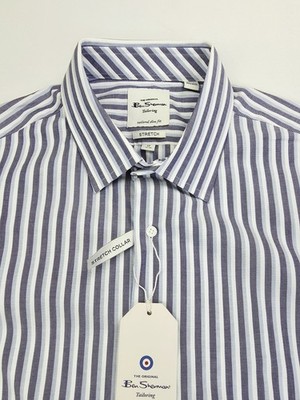 Ben Sherman Tailored Slim Fit Stretch 17 32-33 Mens White Blue Gray Stripe  NWT | eBay