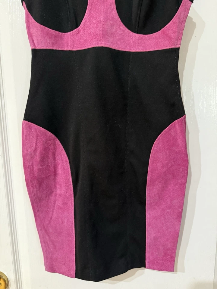 VESTIDO BODYCON DE GAMUZA ROSA NEGRO "TARANTINO" UNA CUCHARADITA $260 XS US TALLA 2 (A289) Foto 4 de 4
