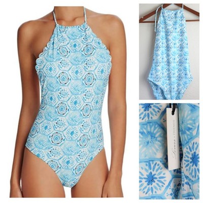 Lovers + Friends Going Ashore Scallop One Piece Swimsuit Floral Blue Medium NWT
