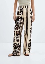 Mango Karina Cotton Linen Floral Straight Leg Trousers XS Cream Brown