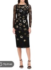 Vince Camuto Sequined Stars Mesh Bodycon Dress Women's 6 Black/Gold Back Zip