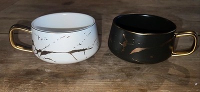 2 Beauty House 1 Black&Gold  1 White & Gold Gold Ceramic Tea Coffee Cup