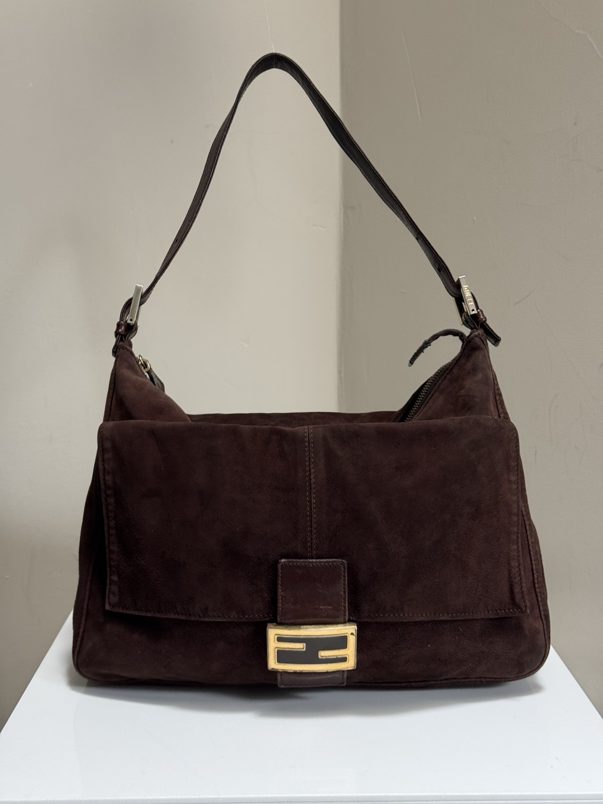 Fendi Mama Baguette Shoulder Bag in Brown Suede