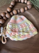 Vintage Crocheted Infant 0-3 Month Pastels Yellow Peach Tie Bonnet Hat 1980's