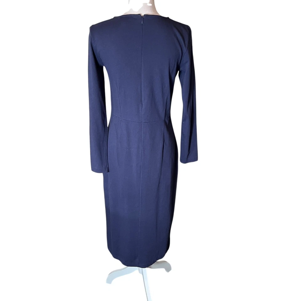 J Crew Navy Blue Long Sleeve Ponte Knit Midi Sheath Dress Size 6 Back Zip Cotton - Image 2 of 4