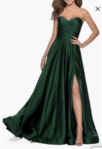 NWT La Femme Strapless Slit Satin Ballgown Size 0 Dress Gown Emerald Orig. $368 - Picture 1 of 6