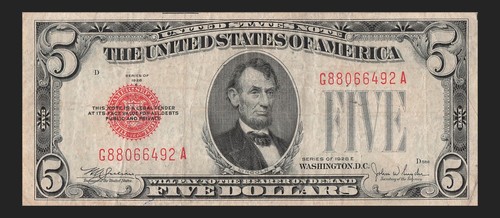 1928 E Five Dollar Red Seal G88066492A USA Schein