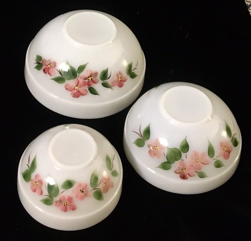 Vintage Fire-King Peach Blossom Nesting Bowls 3 Pc Milk Glass Hand Painted