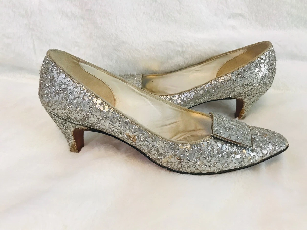 Silver Sequin Heels, Vintage Shoes Silver Glitter Pumps Size 9AA by Amano | eBay