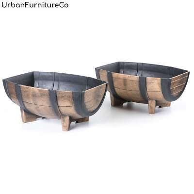 Rustic Indoor Outdoor Wood Look Plastic Half Barrel Flower Pot Planter Pack of 2