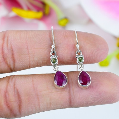 Red Ruby(Simulated),Peridot Handmade 925 Sterling Silver Gift Earring 1.5" - Picture 2 of 3
