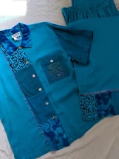 VTG women's linen set Matching separates petite blue linen culottes shirt pants