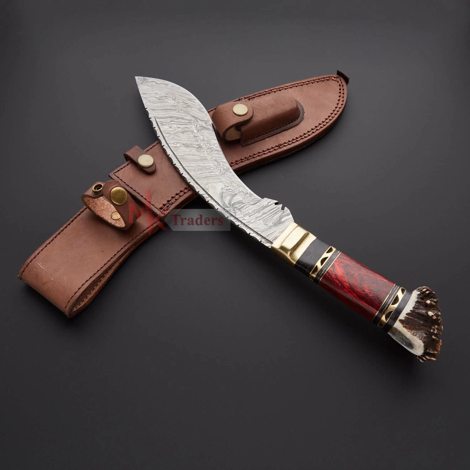 CUSTOM HANDMAD DAMASCUS STEEL ART KUKRI KNIFE,GIFT KUKRI KNIFE WITH LEATHER
