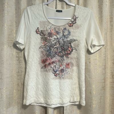 Gerry Weber Lace Front Short Sleeved Shirt White Floral Women's Size 40 (M?)  :)
