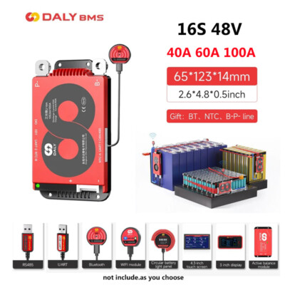 Daly BMS 16S 48V 40A-100A LiFePo4 Battery Smart BMS w/Balance +Bluetooth Module