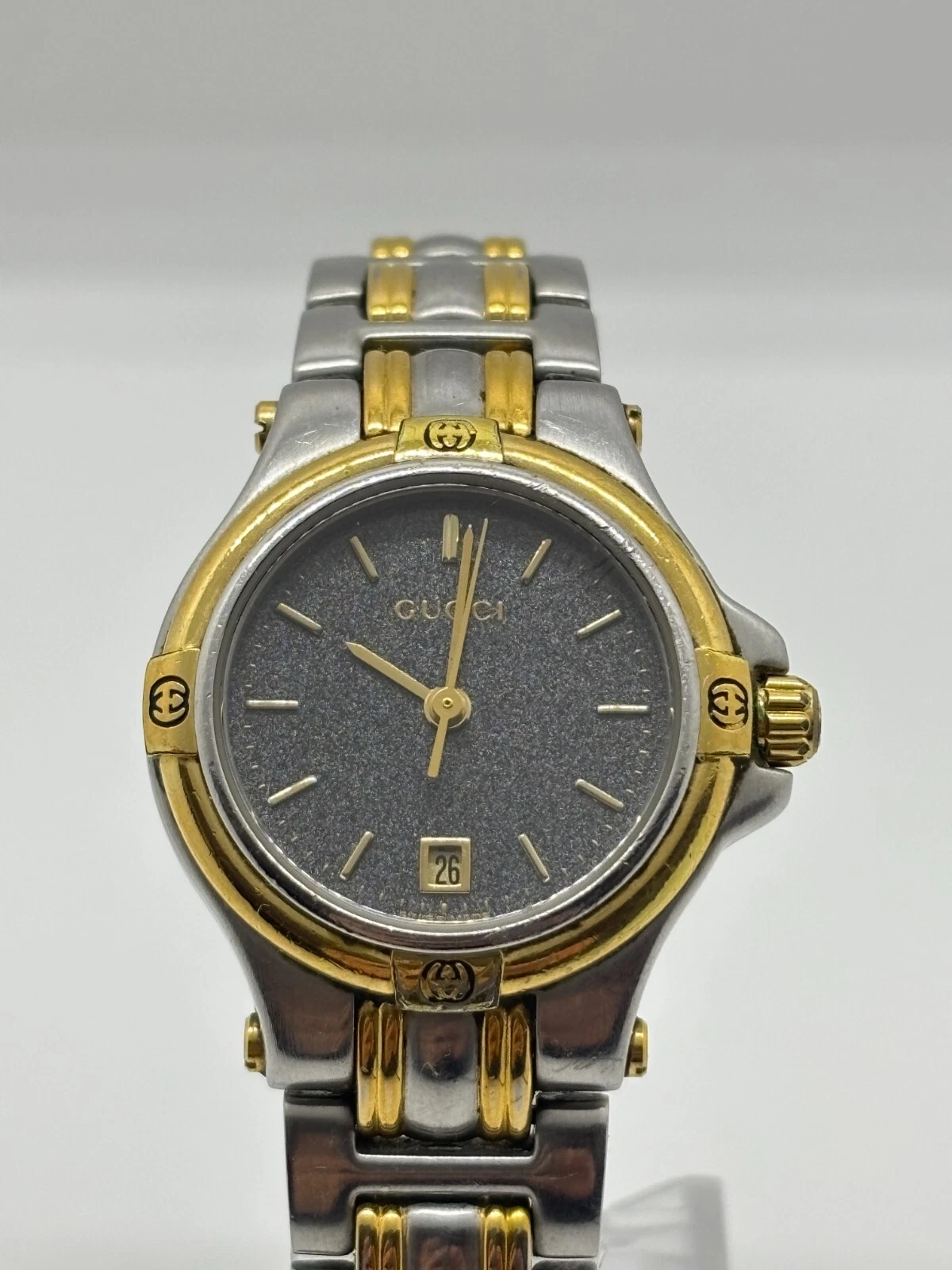 [Exc+5] Montre Femme Gucci 9040L Cadran Noir Deux Tons Quartz Occasion Fonctionne