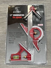 12" Combination Tri Square w Stainless Steel Ruler, Protractor & Centering Heads