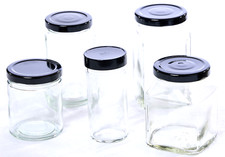 5  Clear Glass Bottles Jars Assorted Sizes Black Screw Lids Organize Storage