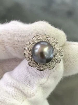 14k or Blanc Véritable Diamants Noir Tahiti Perle Pierre Halo Cocktail Bague Sz6 - Photo 1/4