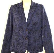 Chicos Blazer 1 M Blue Black Brocade Lined Buttons Long Sleeves Jacket Pockets