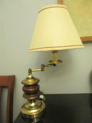 Vintage Mid Century Modern MCM Wood Spool Brass Adjustable Table Desk Lamp Shade