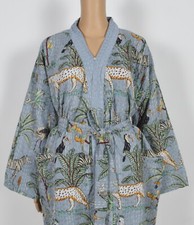 Hand Block Long Kantha Quilted Indian Kimono Jacket Women Night Wear Cotton Robe