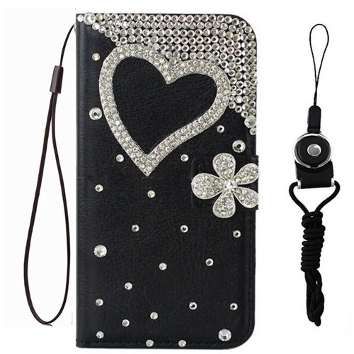Luxury Bling Diamonds Crystals Leather Flip Wallet Phone Case Cover with straps - Picture 16 of 17