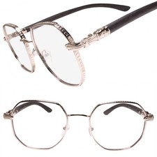 Silver Elegant Ornate Frame Faux Wood Temple Square Clear Lens Glasses