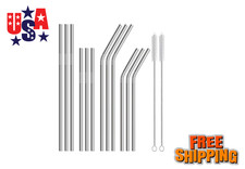 12-Pack Reusable Stainless Steel Straws, Straight Bent with 2 Cleaning Brushes