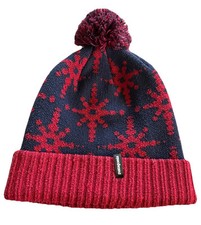 Patagonia Powder Town Pom Beanie Hat Solar Stitch Pom Pom Blue Red Snowflake EUC
