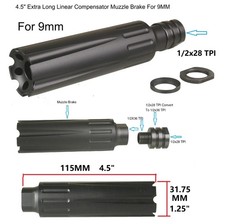 Aluminum 4.5" Extra Long Linear Compensator Muzzle Brake 1/2x28 TPI For 9MM