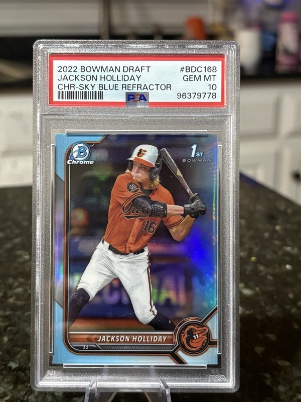 2022 BOWMAN DRAFT CHROME JACKSON HOLLIDAY #BDC-168 SKY BLUE REFRACTOR PSA 10