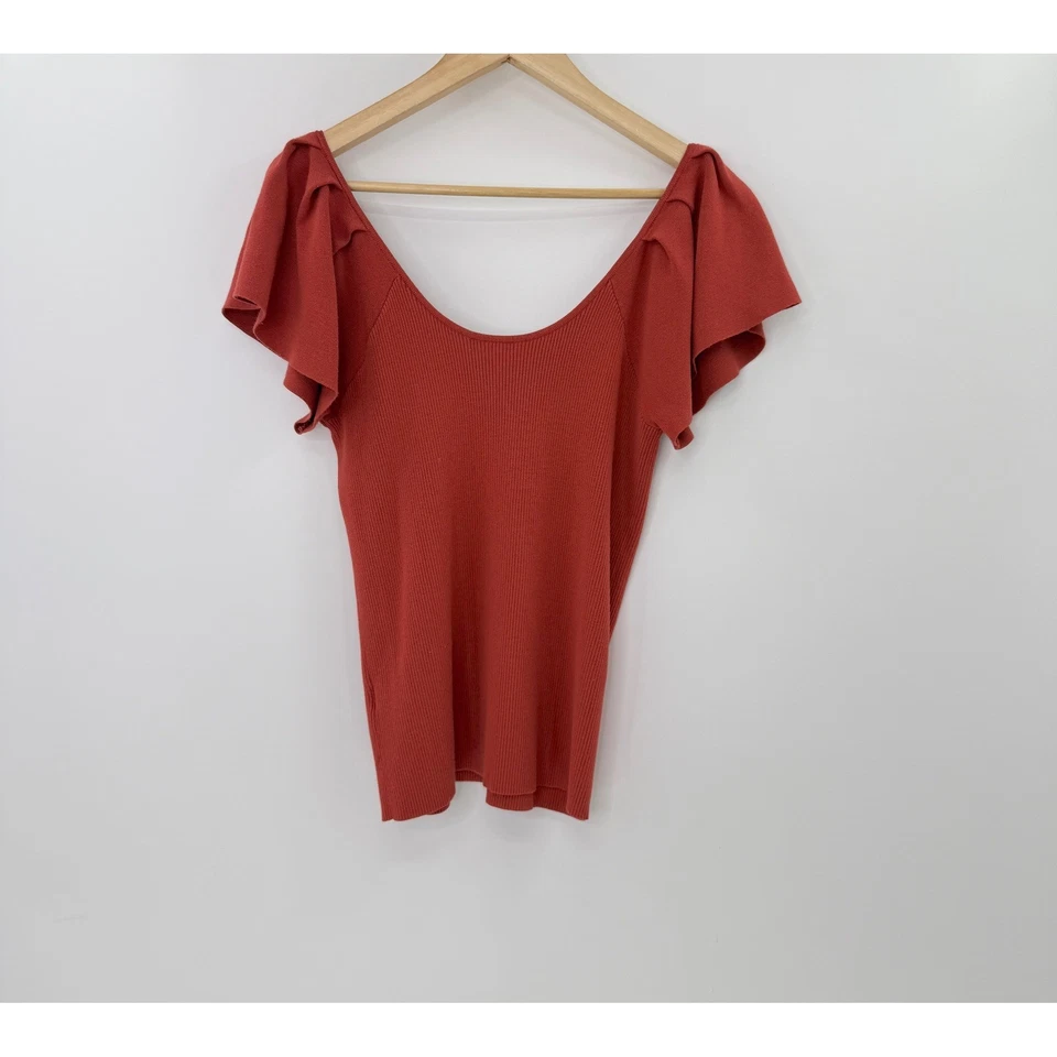 Halogen Flutter Sleeve Ribbed Knit Top Rust Orange V-Neck Blouse Sz L Fallcore - Image 2 of 4